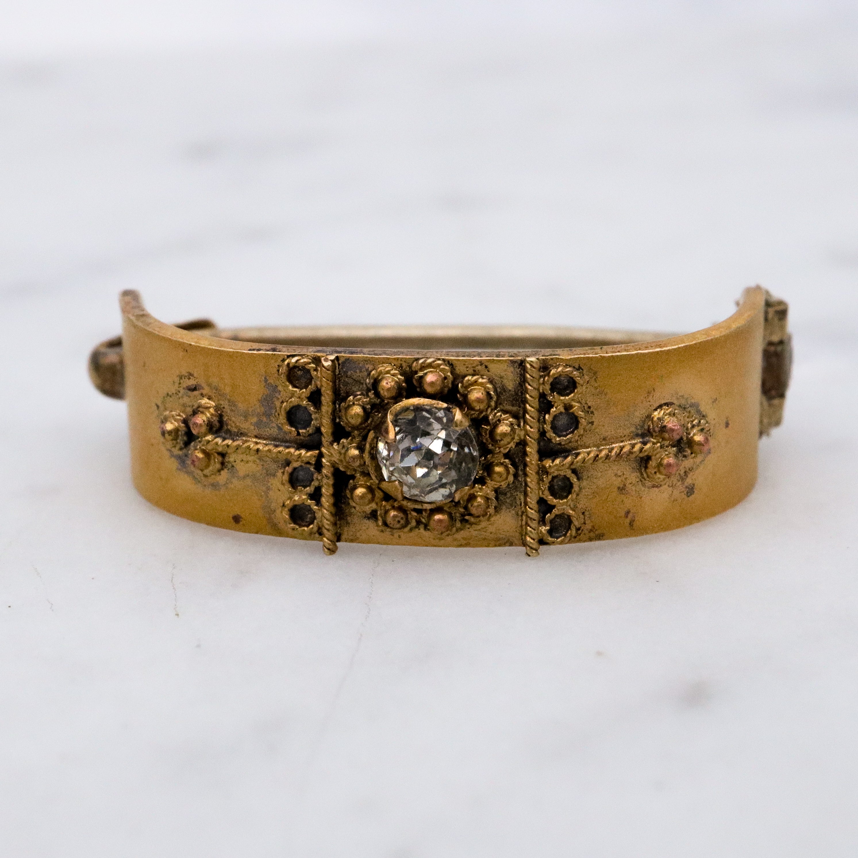 Antique Etruscan Revival gilt metal buckle scarf clip with paste crystal
